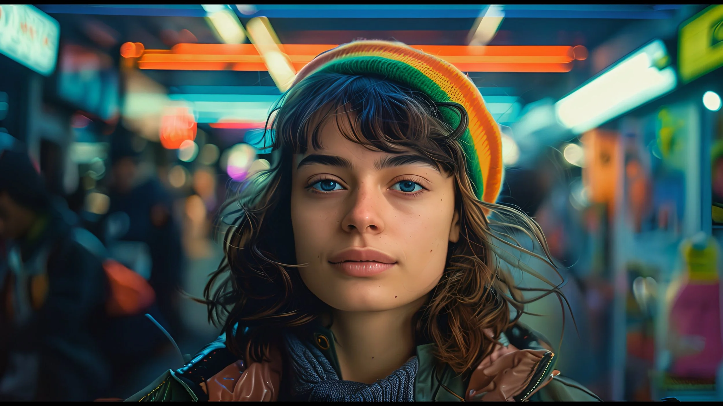 A young woman with curly brown hair, fair skin, and blue eyes standing in a brightly lit arcade or gaming store, looking directly at the camera.