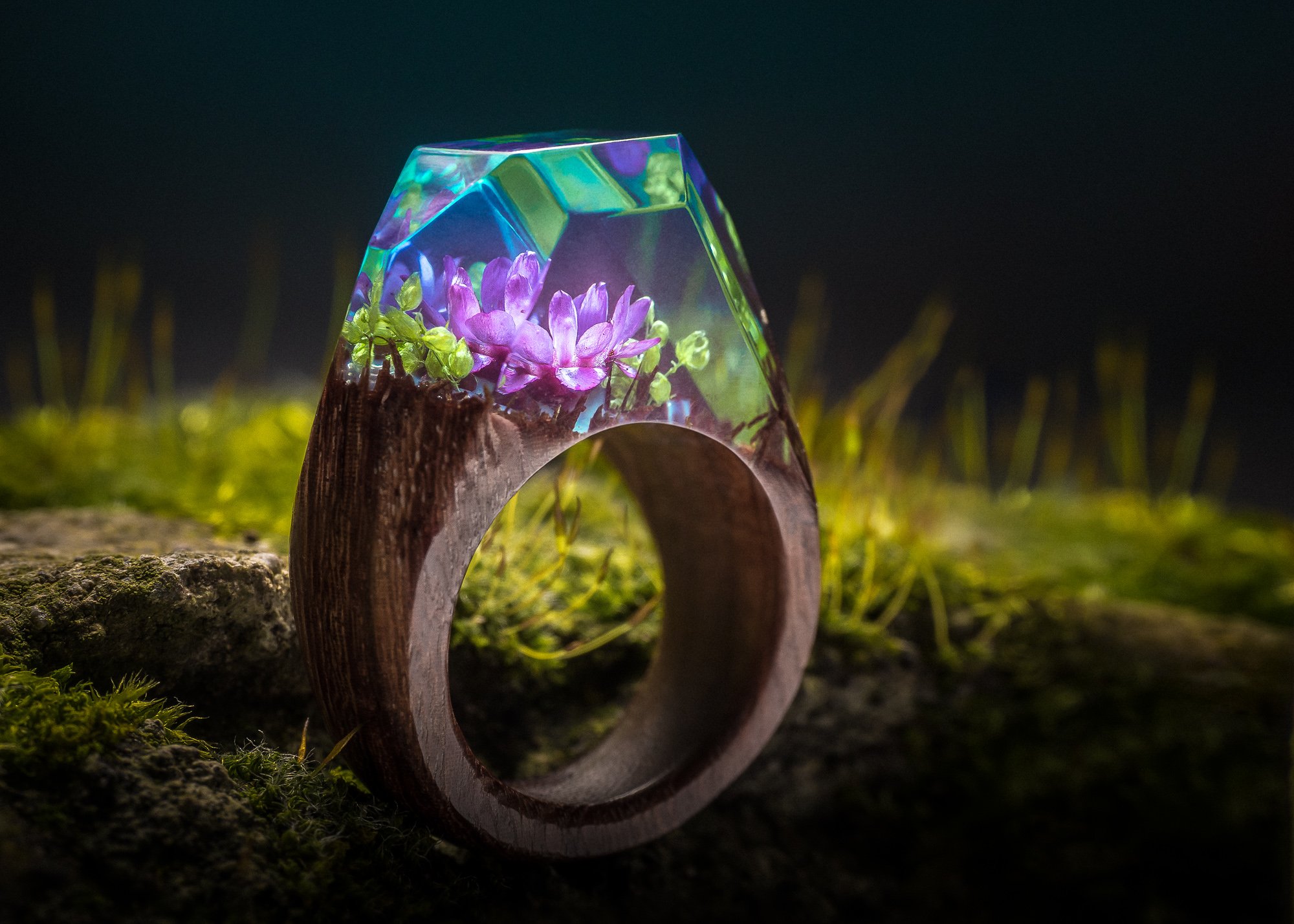 A glass terrarium with purple flowers inside, set on a piece of wood in a natural setting at night.