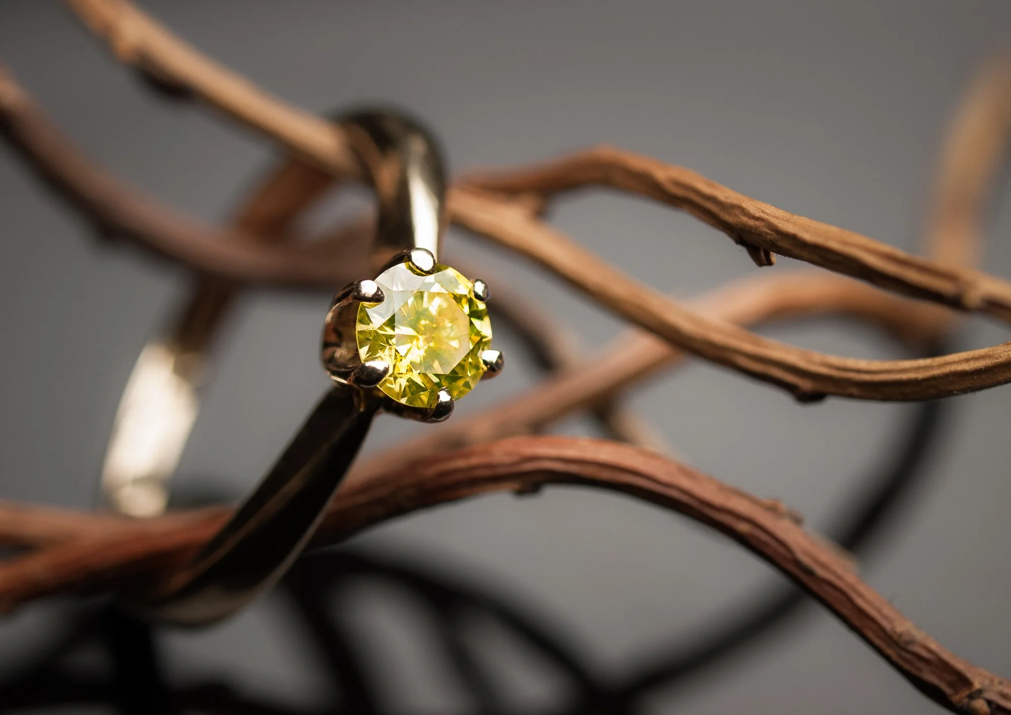 A close-up of a yellow gemstone ring set in a metal band, resting on intertwined dried twigs against a gray background.