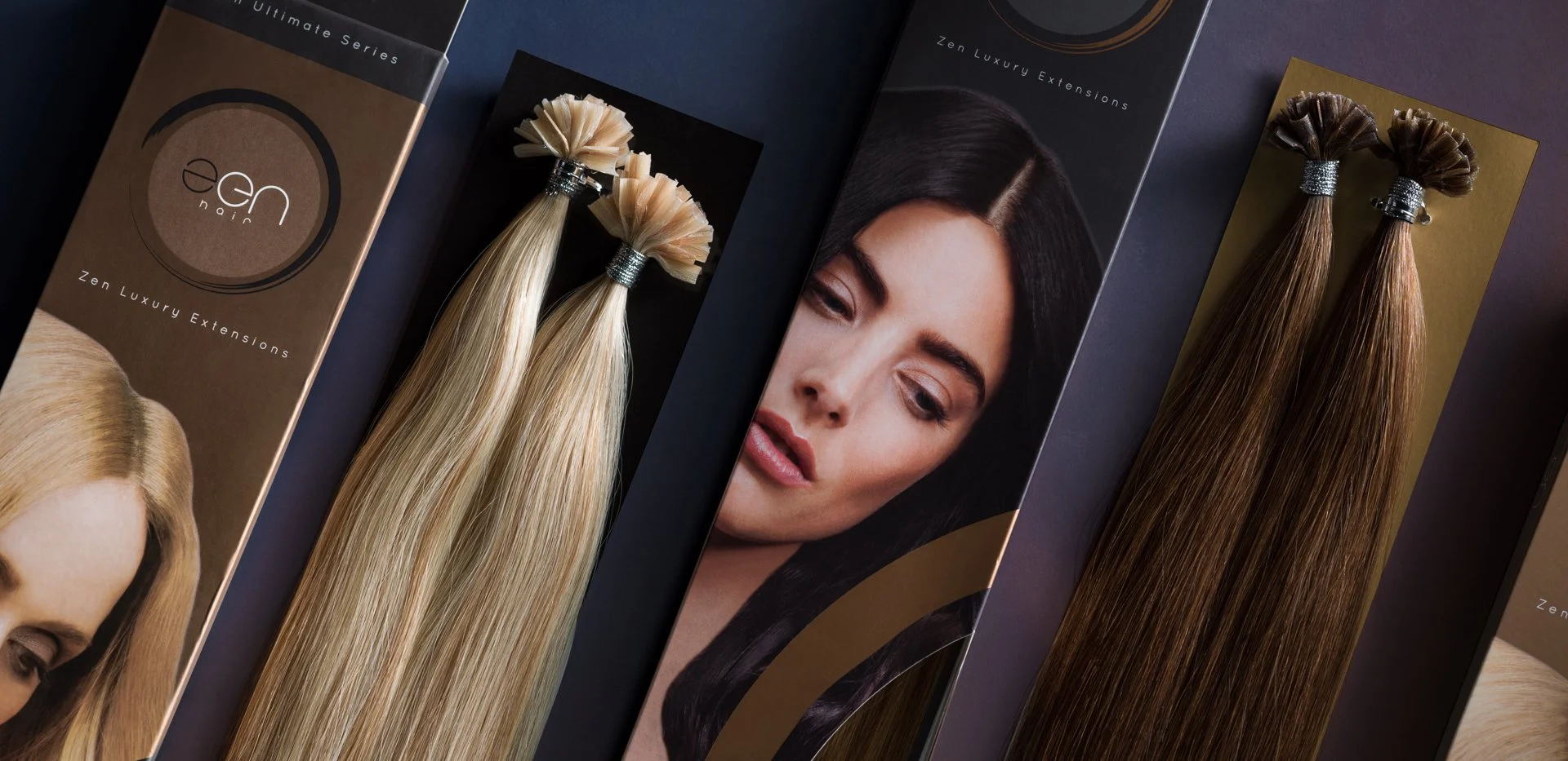 Boxes of hair extensions featuring blonde, dark, and light hair, with images of women showcasing different styles.