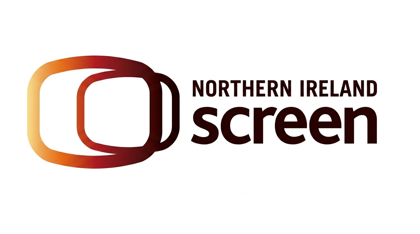 Logo for Northern Ireland Screen, featuring a stylized depiction of a television or electronic screen next to the text 'Northern Ireland Screen' in black.