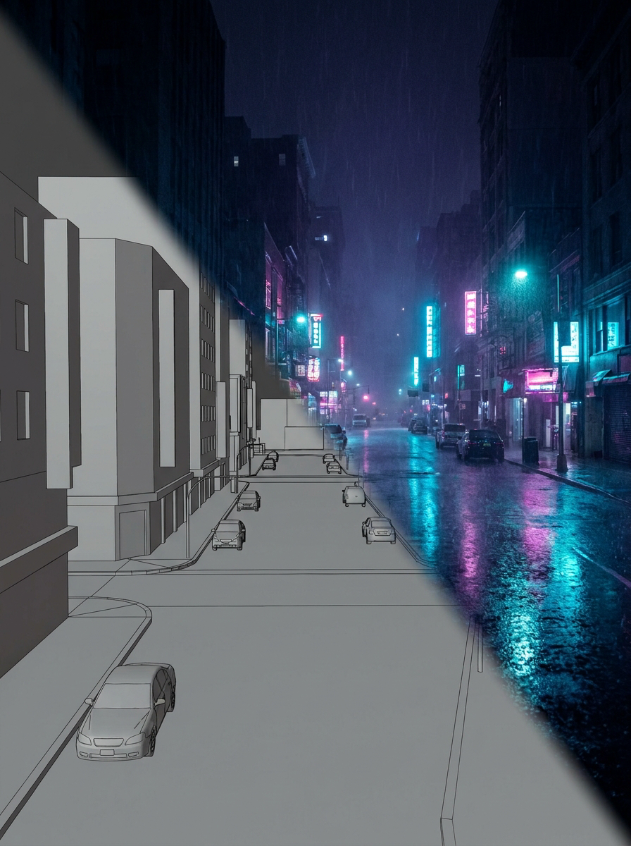 The image shows a city street at night with colorful neon signs and rain on the road, with a half-completed drawing progressing from sketch to a detailed photograph.