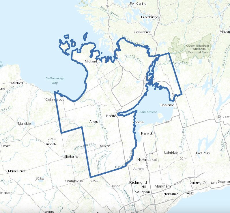 Our service area Map showing the boundary outline of a region that includes Lake Simcoe, the city of Barrie, and surrounding towns and rivers in Ontario, Canada.