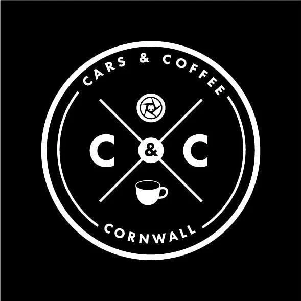 A black circular logo with white text and symbols, reading 'Cars & Coffee Cornwall'. Inside the circle, there are icons of a camera, a coffee cup, and the letters 'C' and '& C'. The logo promotes a community event involving cars and coffee in Cornwall.