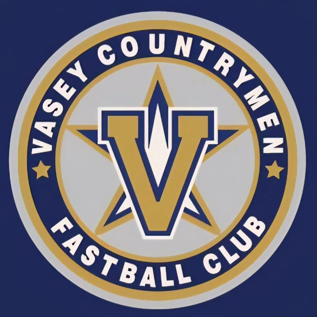 Vasey countrymen fastball Club logo with a large gold and navy blue 'V' at the center, surrounded by a gold star and a navy blue circle with gold and white text. Vasey fastball team in oro medonte, Ontario.