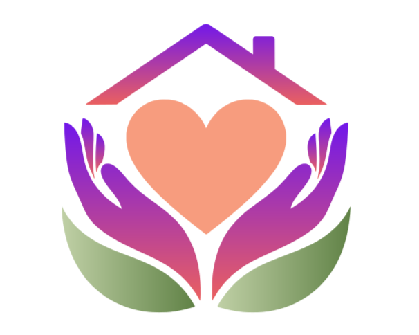 A pair of purple hands cupping a pink heart surrounded by green leaves, symbolizing care and love.