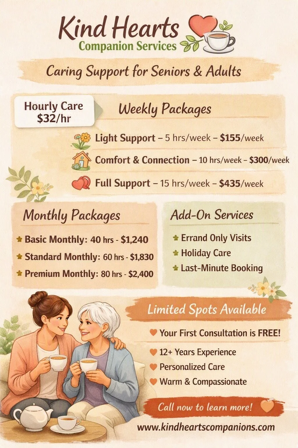 Flyer for Kind Hearts Companion Services offering caregiving support for seniors and adults, with weekly and monthly packages, add-on services, and contact information.