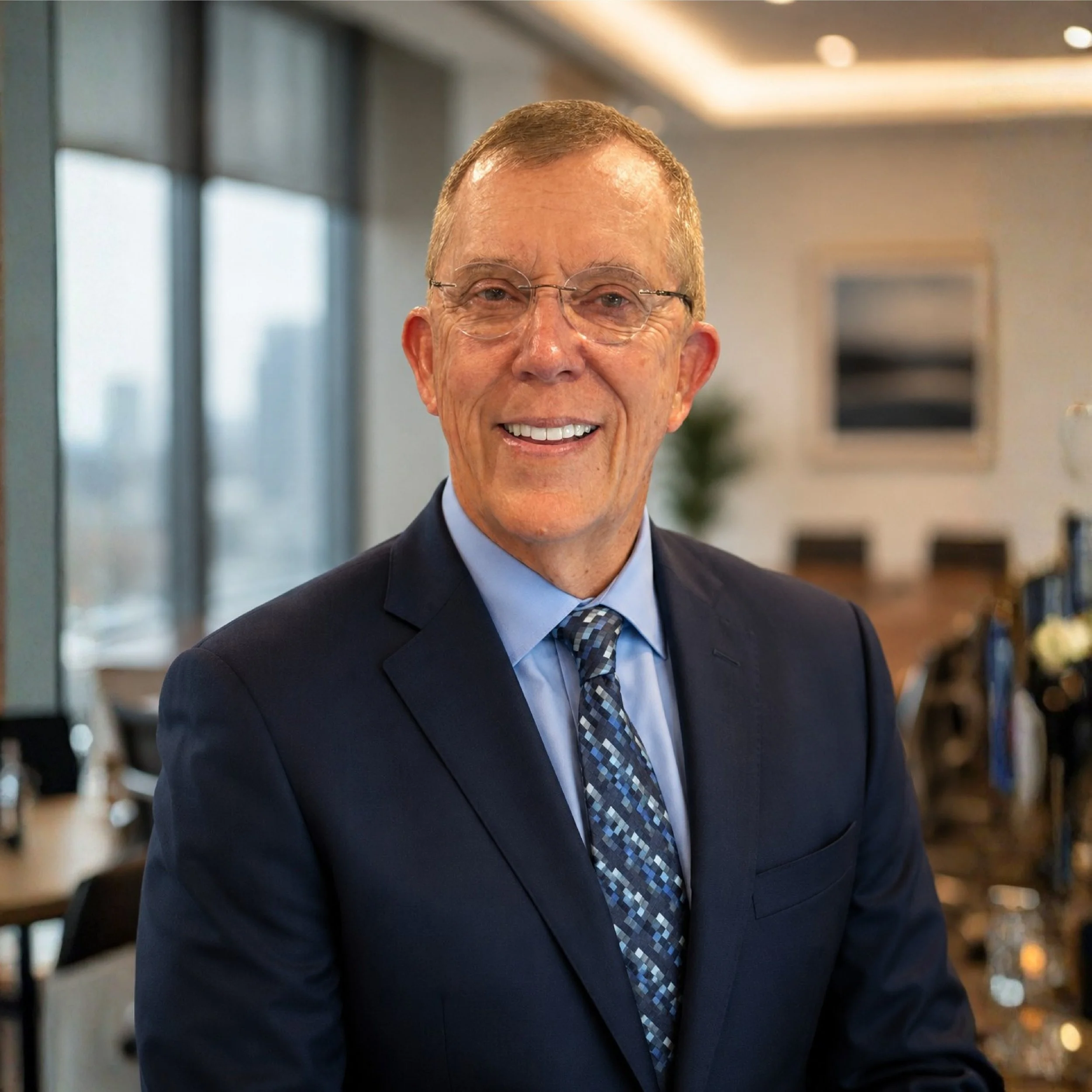 Dr. Carlson, smiling, in a dark suit, light blue shirt, and patterned tie, standing indoors with large windows and blurred background.