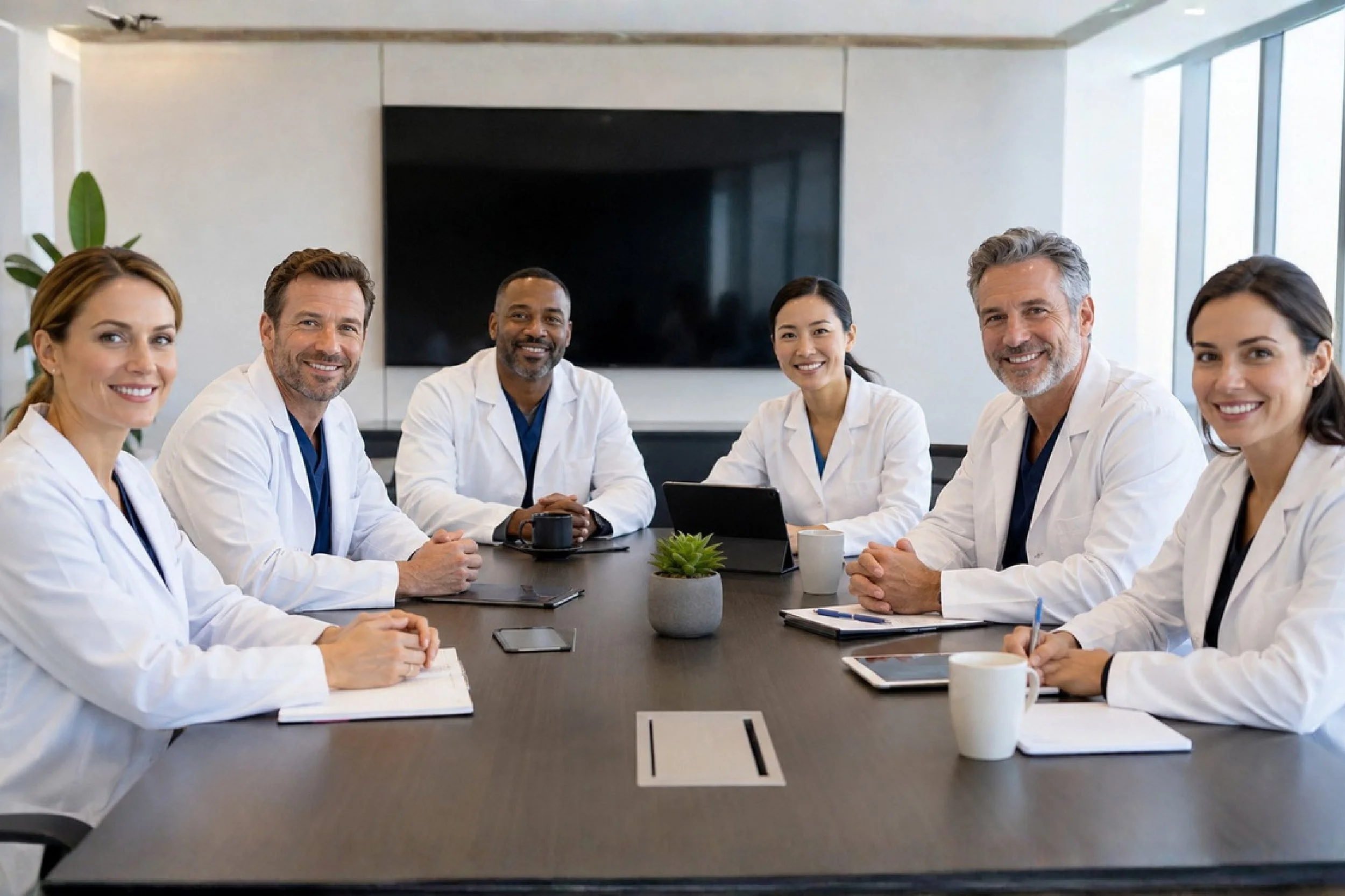 A diverse group of six medical professionals, including men and women of different ethnicities, sitting around a conference table in a modern office with large windows, a television screen, and a potted plant, engaged in a meeting or discussion.