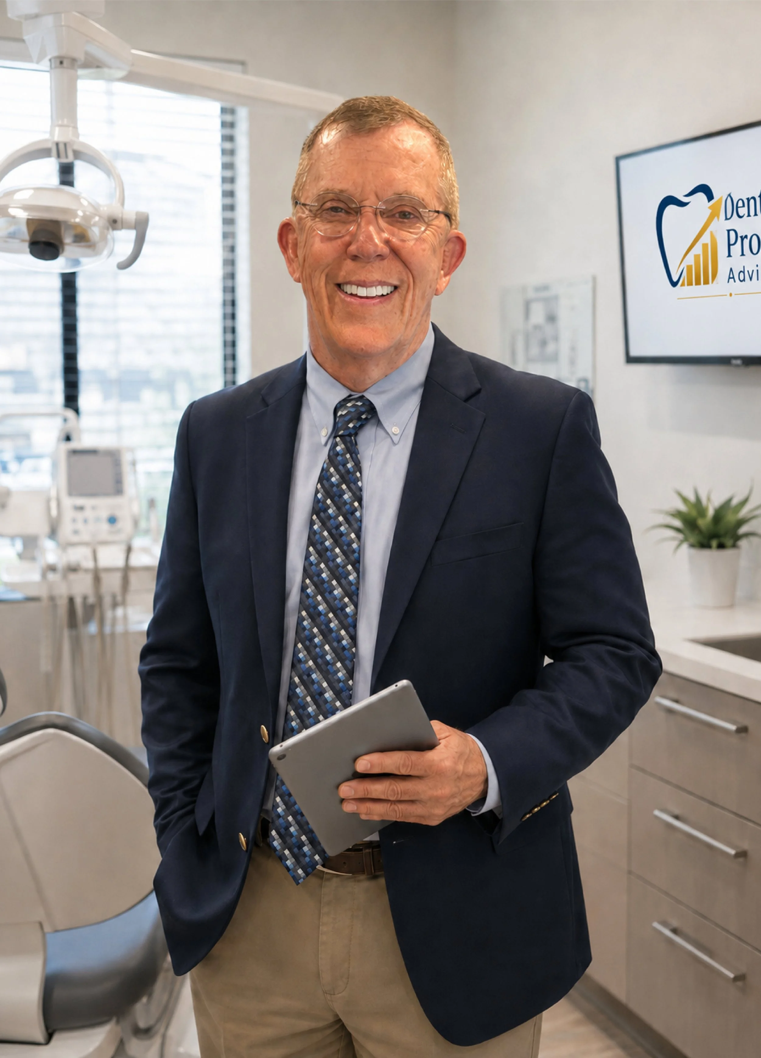 Dr. Carlson with glasses in a suit jacket and tie holding a tablet in a dental office.