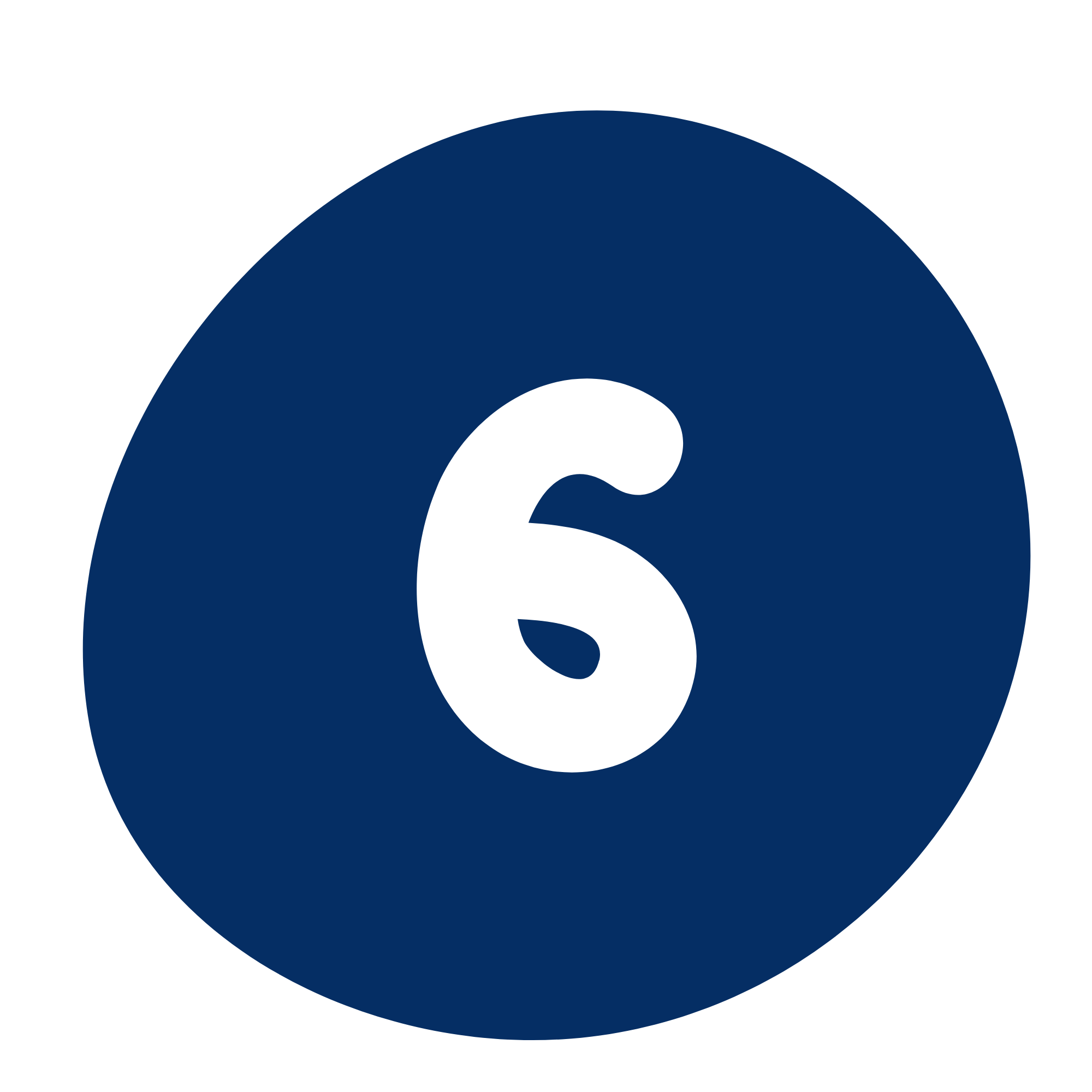 A graphic design of a navy blue circle with a white number 6 in the center