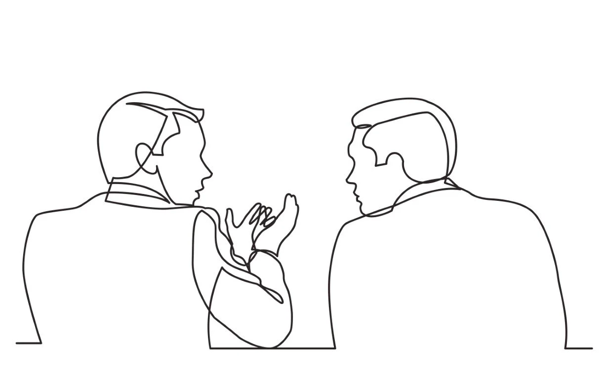 Line drawing of two men in suits having a conversation, with one man gesturing with his hand.