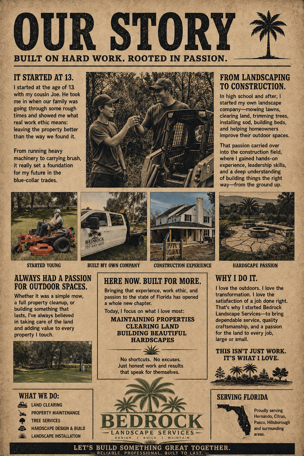 A vintage-style flyer for Bedrock Landscape Services detailing the company's history, passion for outdoor work, and services like land clearing, property maintenance, and landscape design, along with photos of a young man with a landscaping company, a race mower, a house under construction, and a landscaped yard.