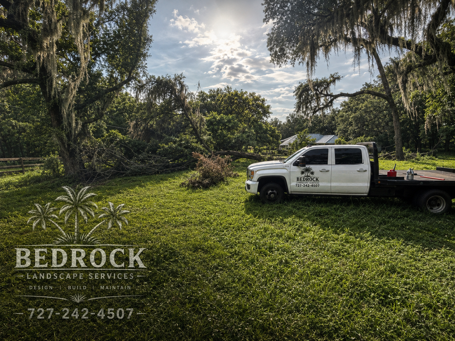 A landscape scene with a fallen tree and a white flatbed truck bearing the logo of Bedrock Landscape Services. The truck is parked on a grassy lawn with trees hanging moss in the background and a partly cloudy sky overhead.