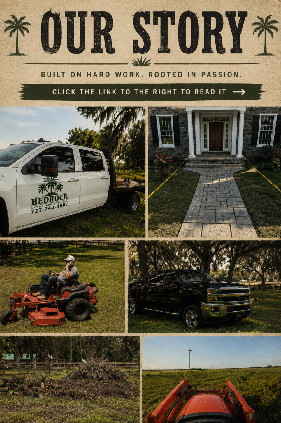 Collage of images showing a landscaping company’s work including a branded truck, a stone walkway to a house, a man mowing grass, a black truck, a pile of wood debris, and a tractor in a green field.