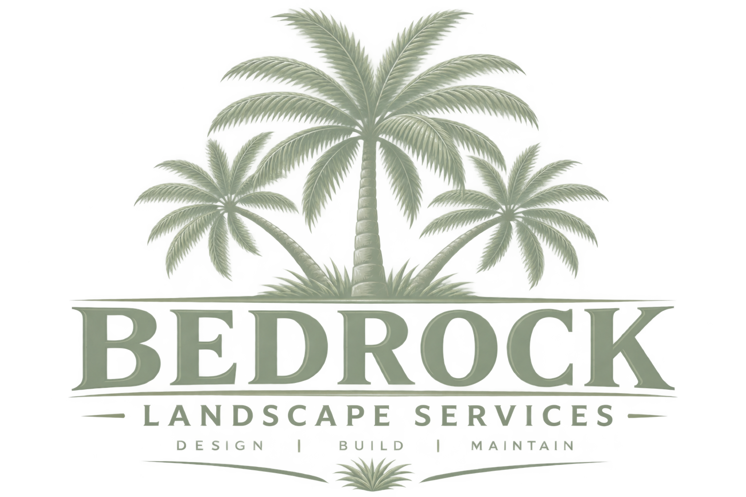 A logo with palm trees and the text 'Bedrock Landscape Services'.