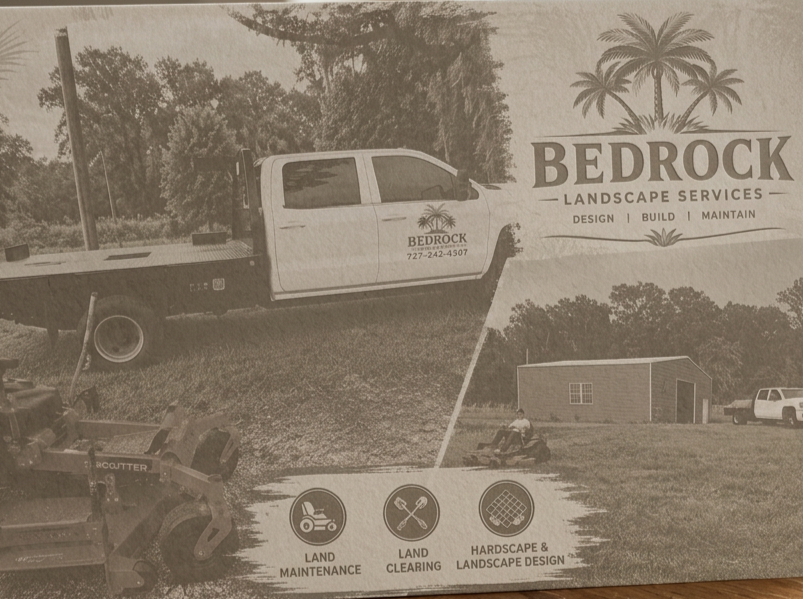 A promotional flyer for Bedrock Landscape Services showing landscaping equipment, a truck, a shed, and a lawn, with service icons for land maintenance, land clearing, and hardscape & landscape design.