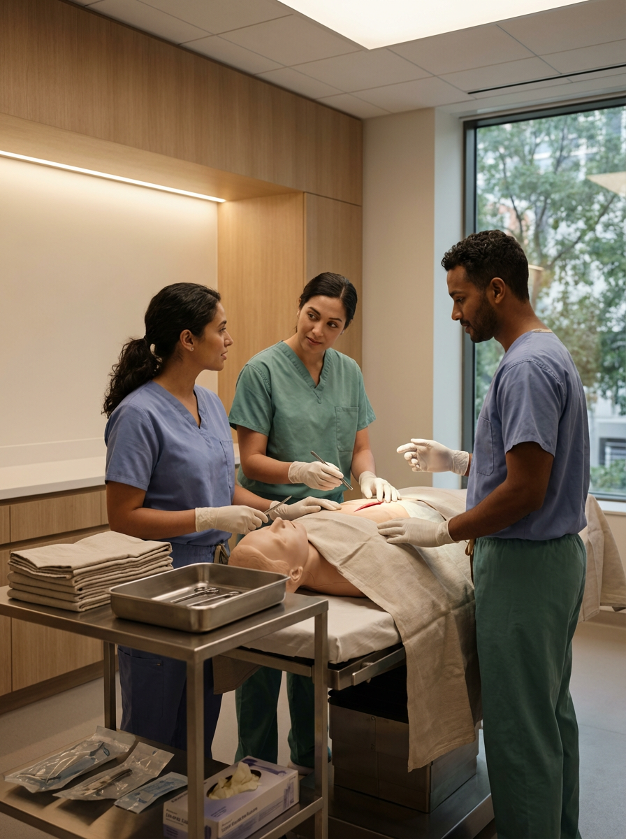 Medical team performing a procedure on a training mannequin in a hospital room.