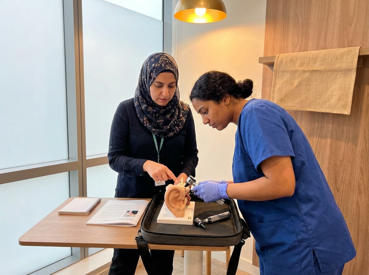 Two women, one wearing a hijab and the other a blue medical scrubs, examining a large model of an ear on a table in a clinical setting.