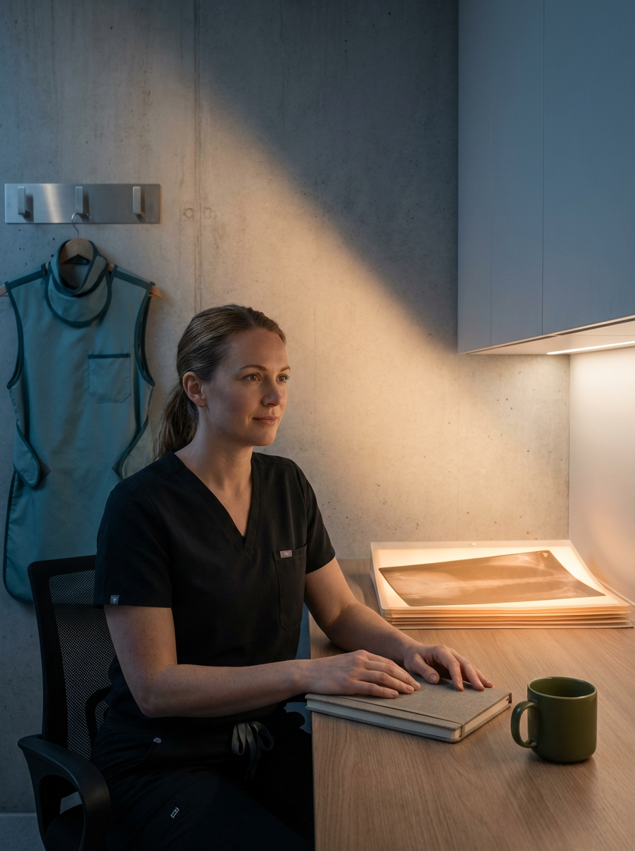A woman in medical scrubs sitting at a desk with a book and a coffee mug, in a modern, minimally decorated room with a concrete wall and a blue cabinet.