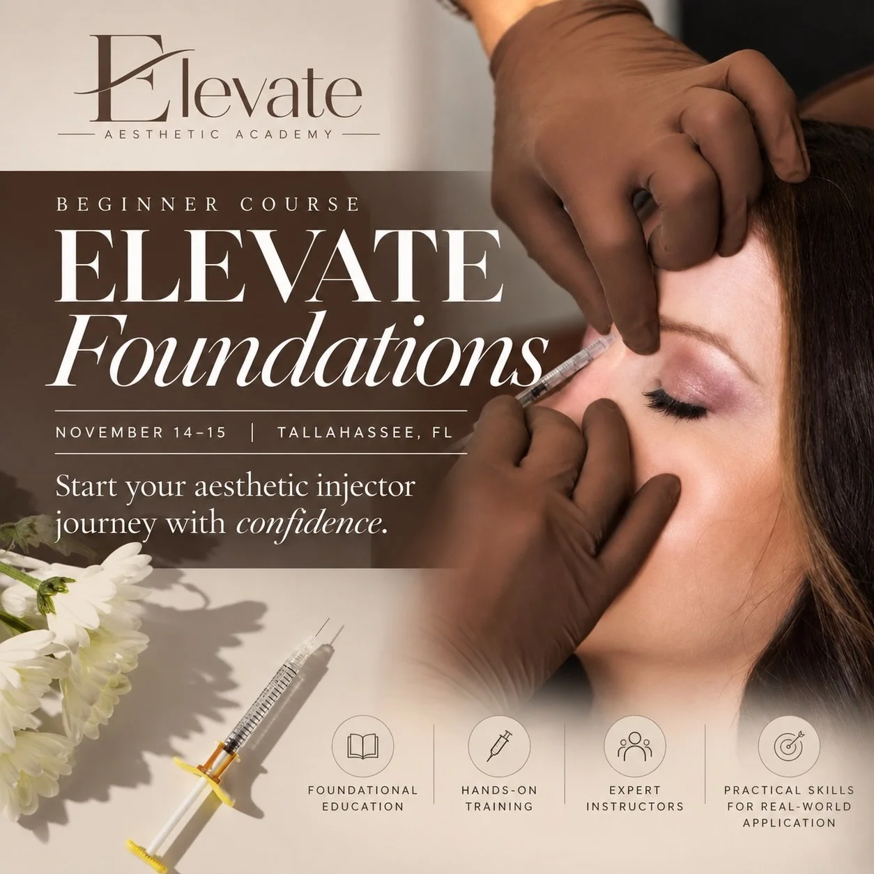 Your aesthetic injector journey starts with the right foundation. 

ELEVATE Foundations is our beginner course designed for medical professionals ready to step into aesthetics with a strong understanding of the why behind the injection&mdash;not just