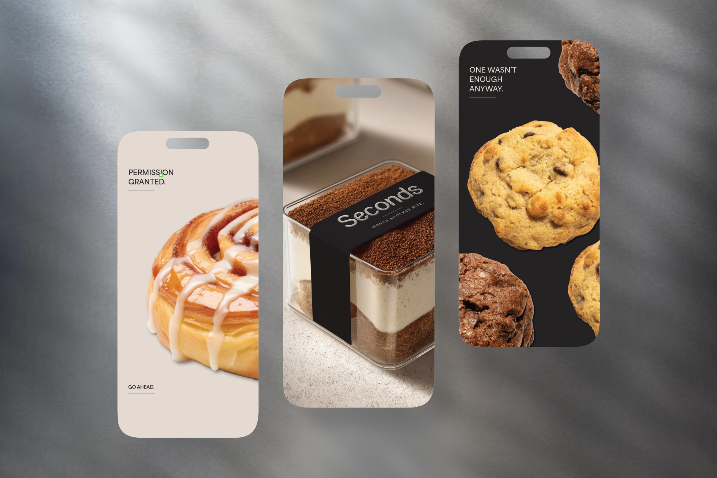 Mockups of 3 social media posts. The first, a cinnamon roll on a cream background with the text "permission granted" overlayed. The second social media post is a photo of tiramisu with the Seconds logo printed on charcoal packaging.