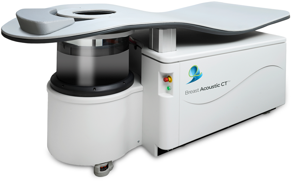 Medical imaging machine labeled Breas Acoustic CT used for breast cancer screening.