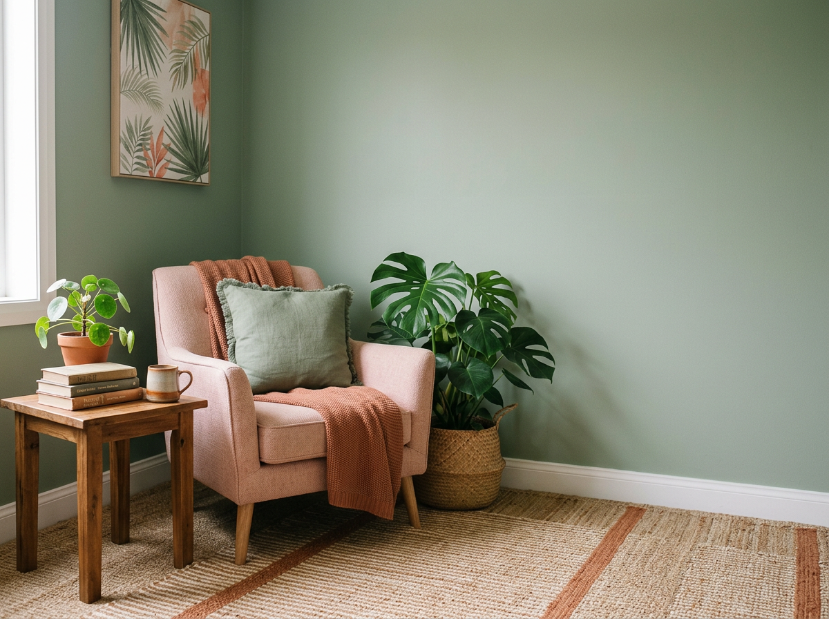 A cozy living room corner with a pink armchair, throw blanket, green pillow, potted plant, and a side table with books and a mug. There is a framed botanical print on the green wall.