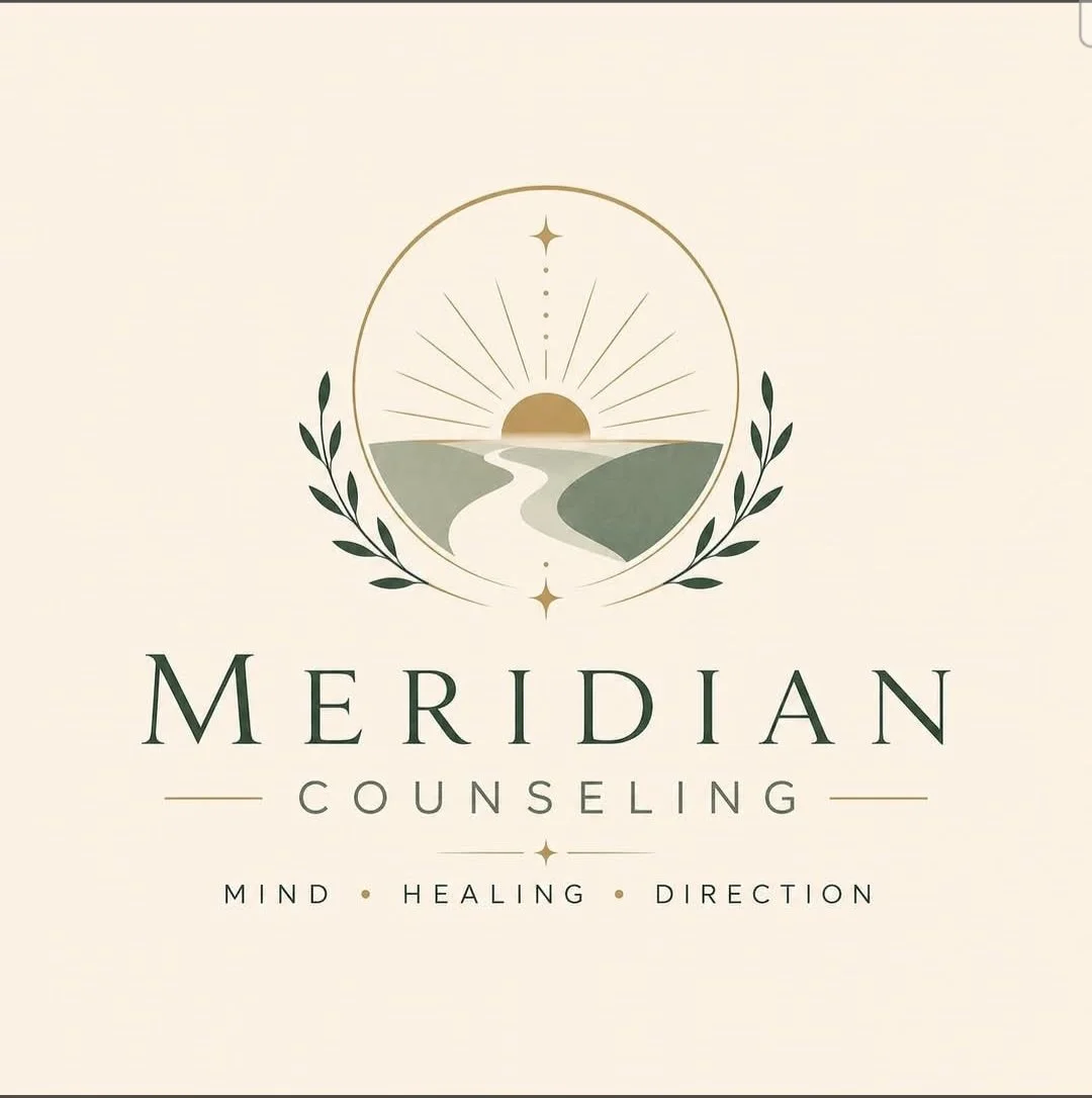 Logo for Meridian Counseling featuring a stylized sunset over a winding river, surrounded by green laurel branches, with stars and rays of light, and text indicating services for mind, healing, and direction.