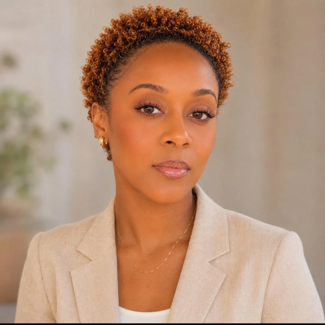 A woman with short curly hair, wearing a beige blazer and a white top, looking confidently at the camera in an indoor setting.