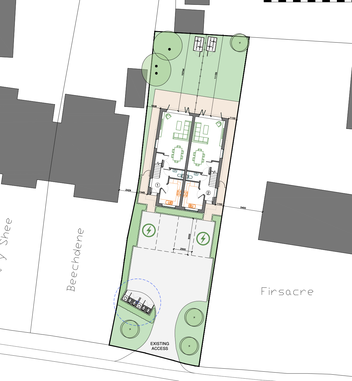Architectural site plan of a residential property showing building layout, garden area, driveway with electric vehicle charging stations, and surrounding trees.