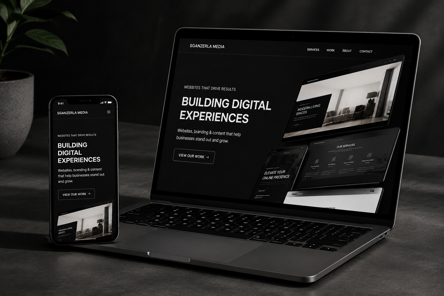 Laptop and smartphone displaying a website for Sganzerla Media with the headline Building Digital Experiences, show casing modern web design and branding services.