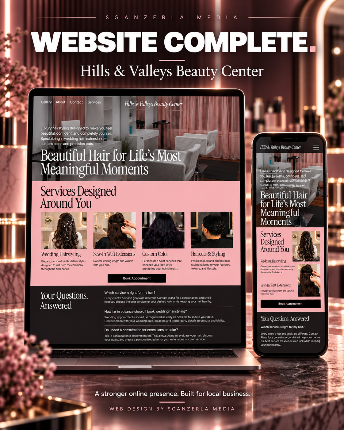 Screenshot of a website for Hills & Valleys Beauty Center displayed on a laptop and a smartphone, showcasing services like wedding hairstyling, extensions, hair color, and haircuts, with a modern, pink-themed design.
