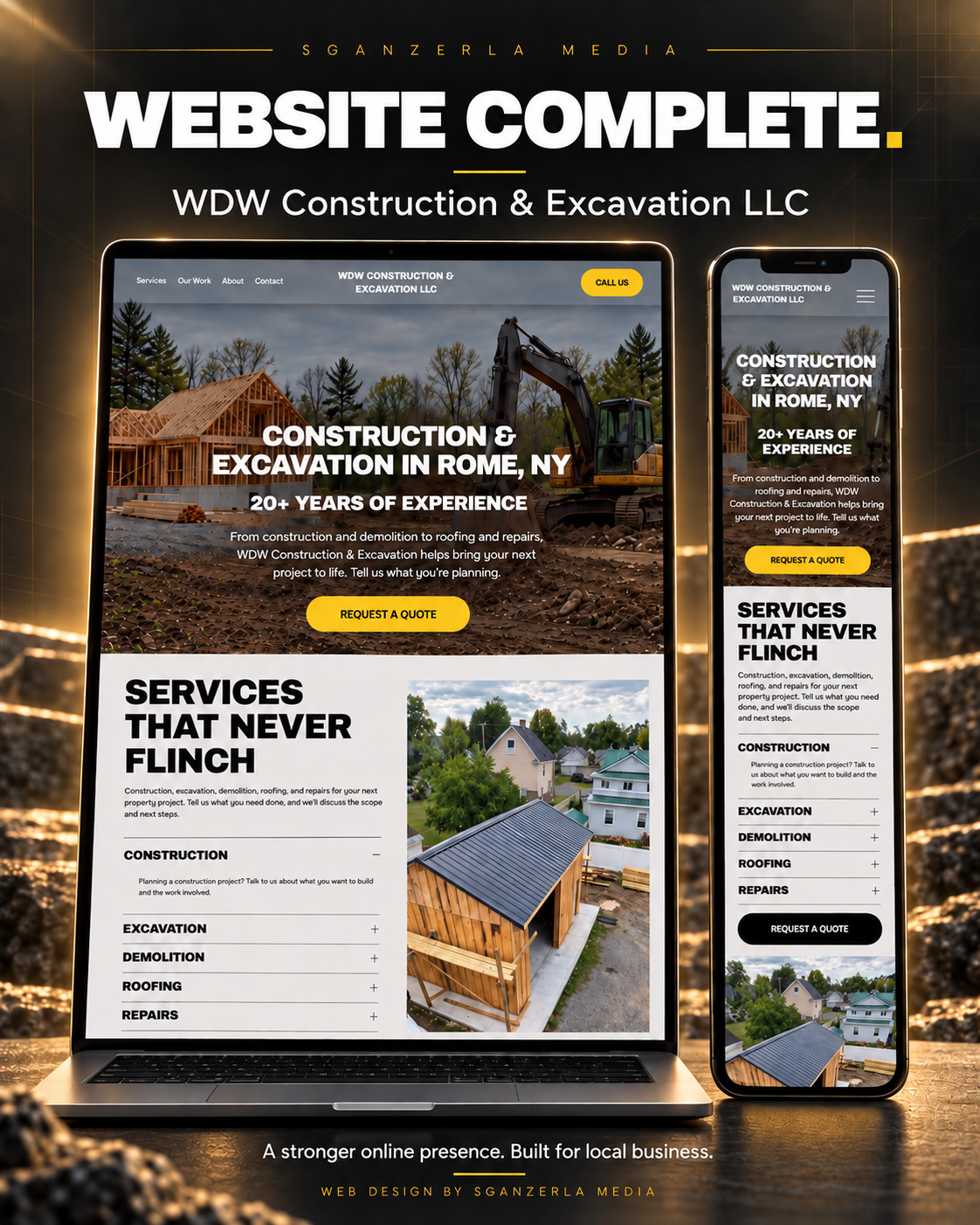 A website for WDW Construction & Excavation LLC is displayed on a laptop and smartphone, featuring construction images, service descriptions, and contact buttons, set against a rocky background with a golden glow.