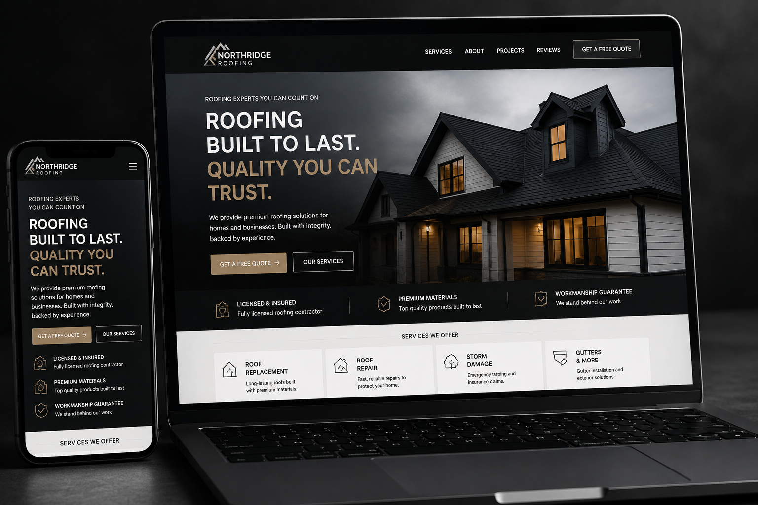 Laptop and smartphone screens displaying a roofing company's website, featuring a house with a dark roof, headings, and service options.