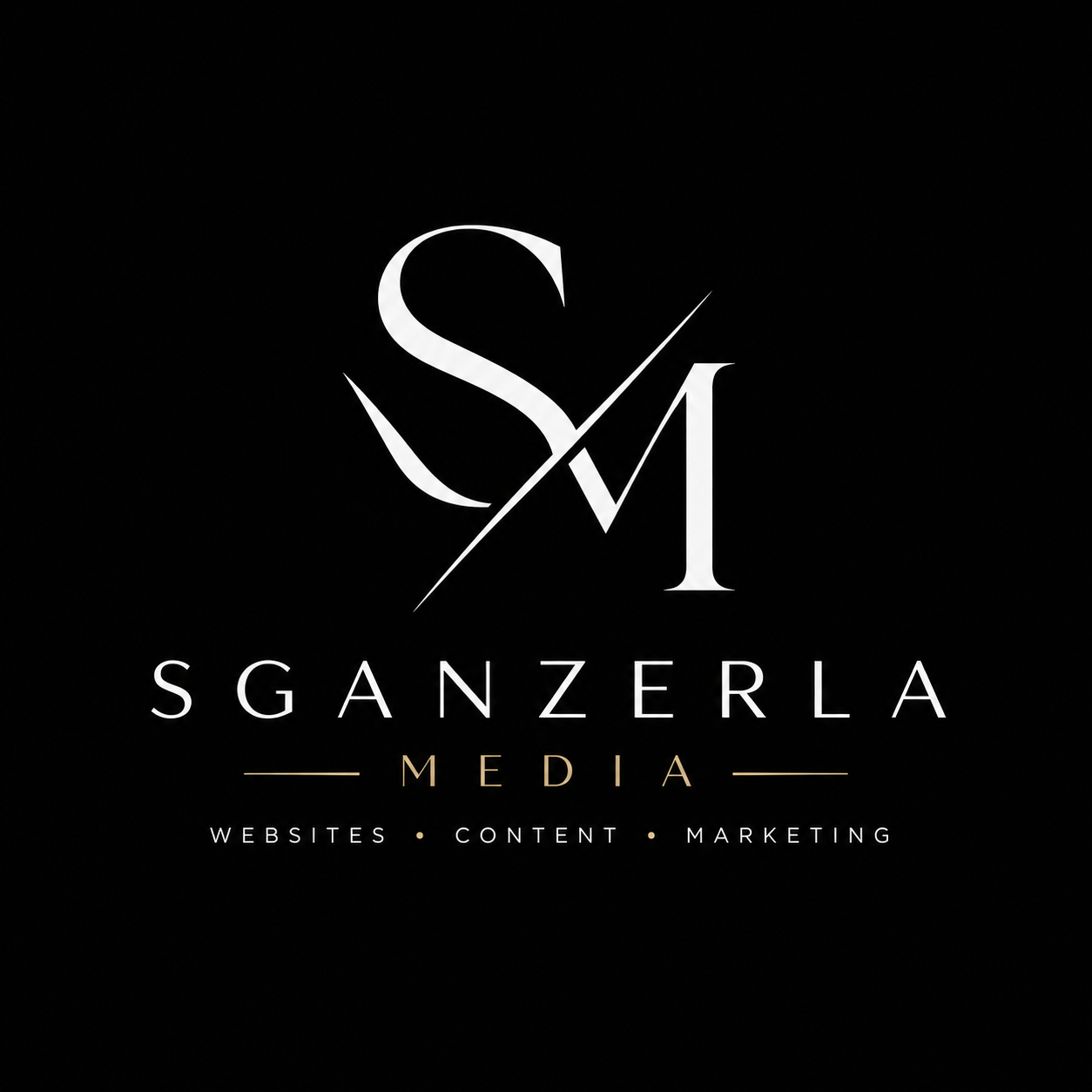 Black background with a white logo featuring the letters S and M separated by a diagonal line. Below, the text reads 'SGANZERLA MEDIA' with 'MEDIA' in gold and the words 'WEBSITES, CONTENT, MARKETING' in smaller white font.