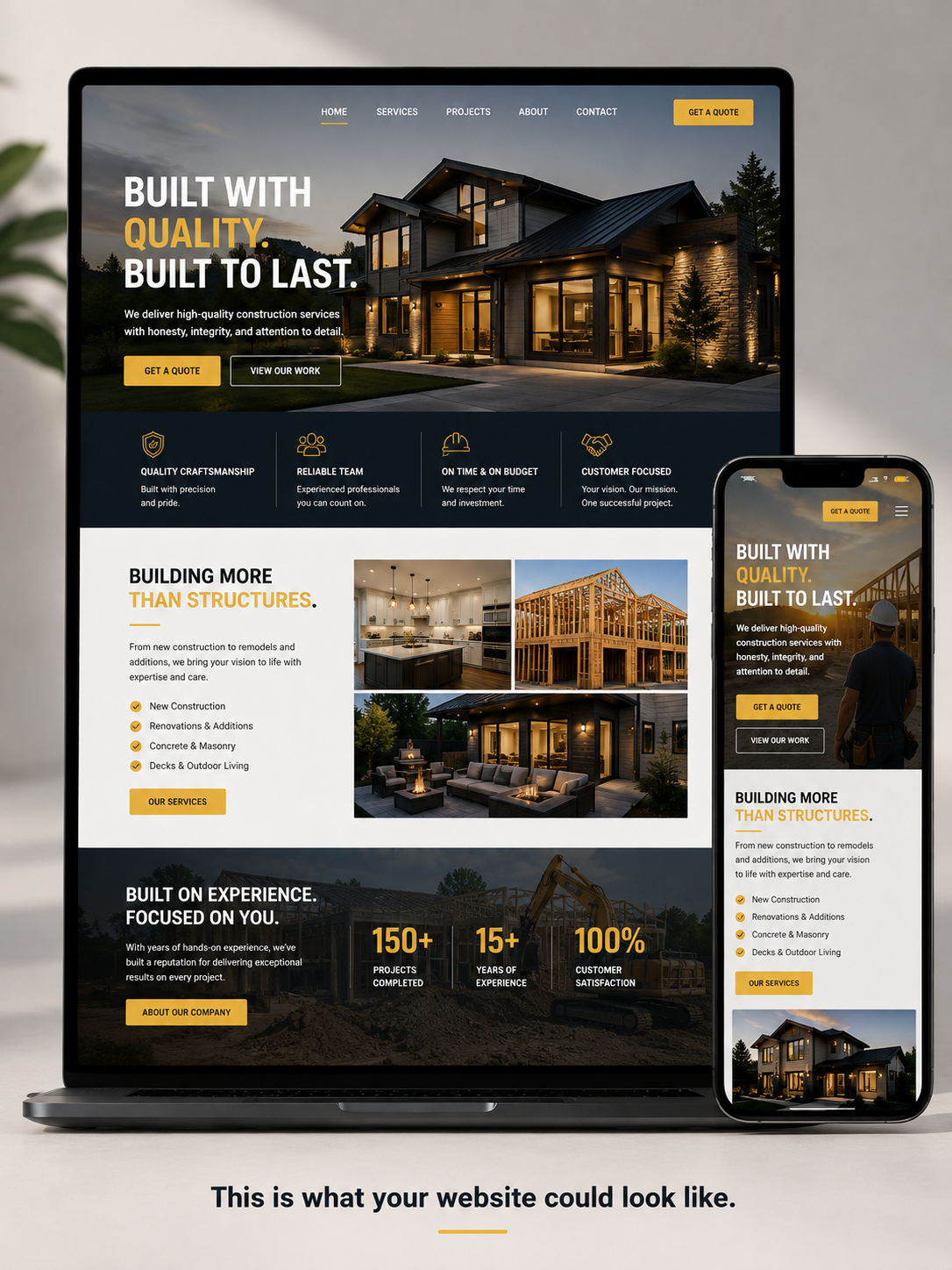 Website homepage for a construction company displaying images of houses, a construction site, and interior spaces, with navigation menu and call-to-action buttons.