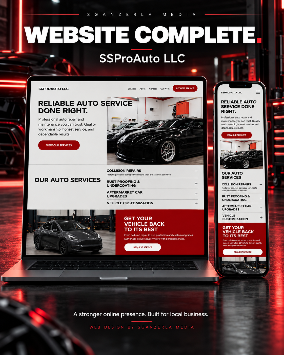 Website homepage for SSProAuto LLC featuring an auto repair service with a laptop and smartphone display of the site, highlighted by text promoting reliable auto services including collision repairs, rust proofing, aftermarket upgrades, and vehicle customization.