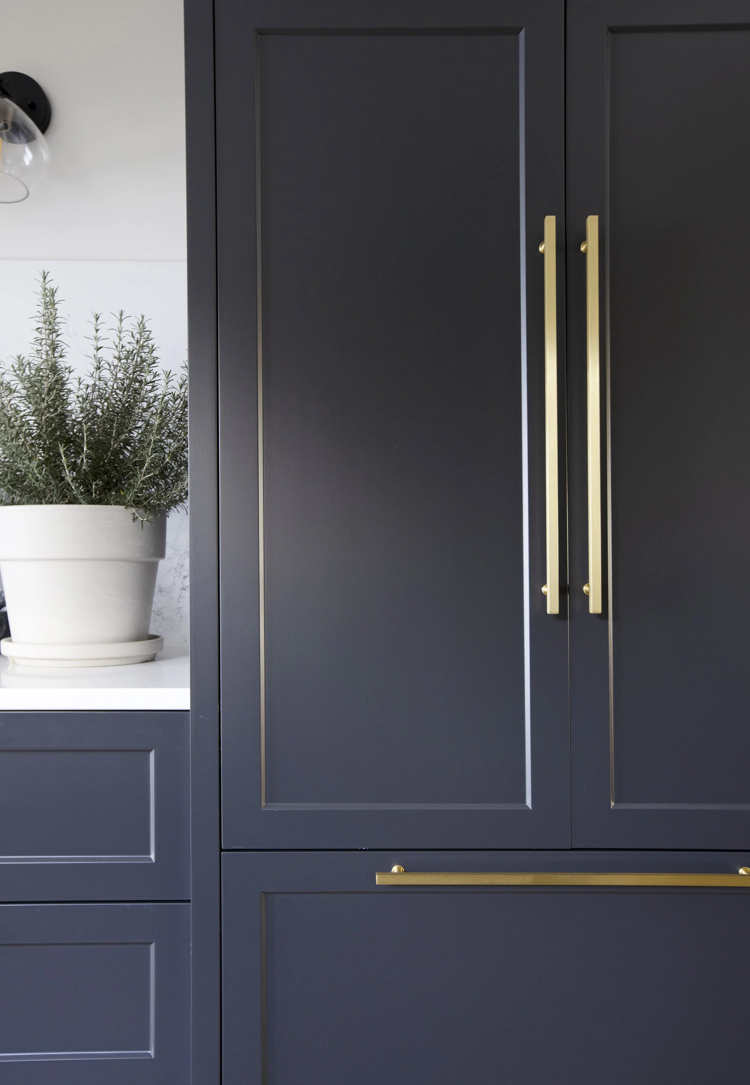 Close-up of a navy blue cabinet with gold handles, next to a white countertop with a potted rosemary plant and a wall-mounted light fixture.