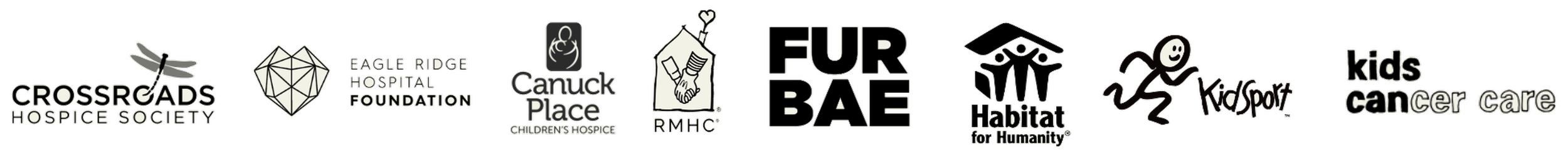 Logos of various organizations including Crossroads Hospice Society, Eagle Ridge Hospital Foundation, Canuck Place Children’s Hospice, R.M.H.C, Fur Bae, Habitat for Humanity, KidSport, and Kids Cancer Care.