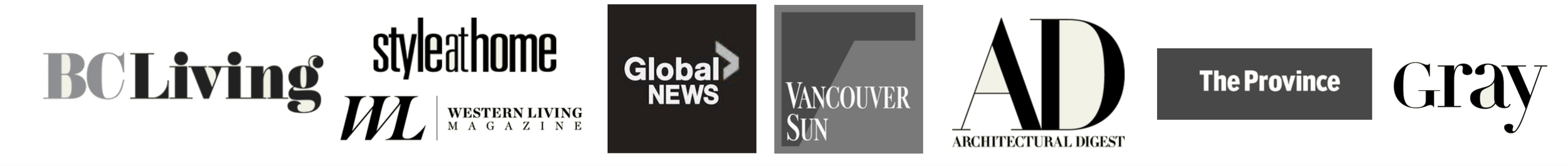 A collage of magazine logos and titles including BCLiving, style at home, Western Living Magazine, Global News, Vancouver Sun, Architectural Digest, The Province, and Gray.