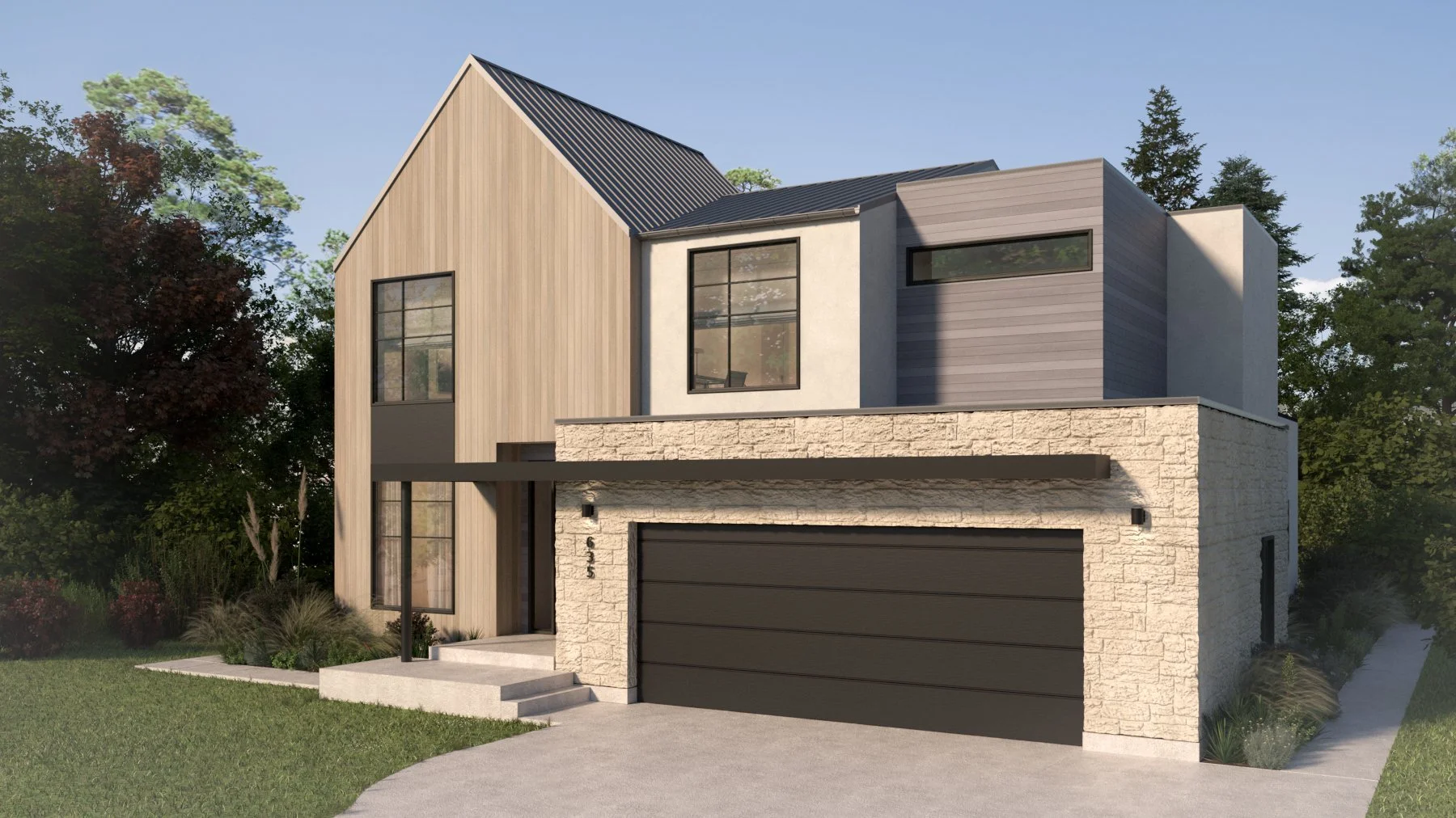 Modern residential building with large windows, a perforated wood balcony, and a textured concrete exterior wall.