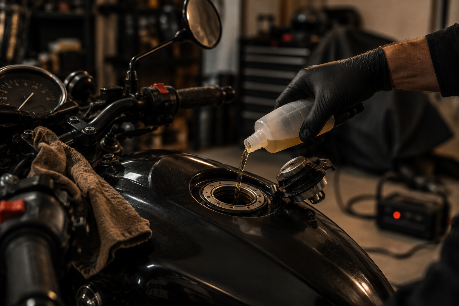 Fuel stabilization during motorcycle winterization and off-season storage preparation.