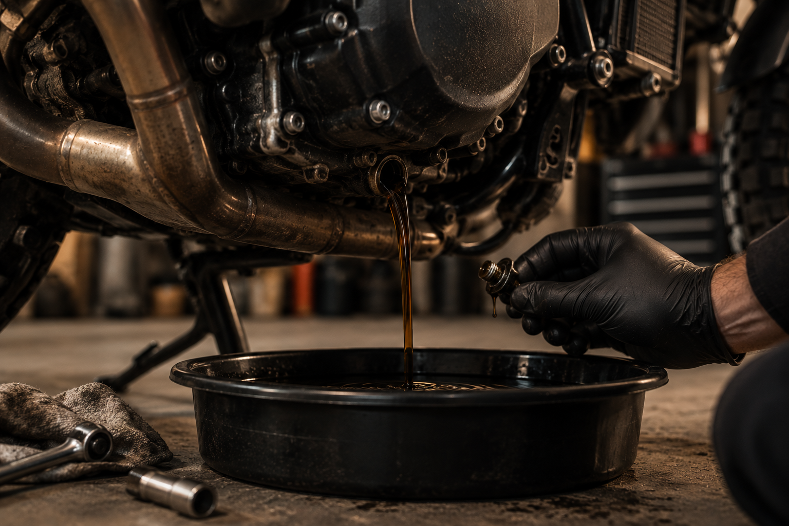 Motorcycle oil change performed as part of a mobile maintenance service.