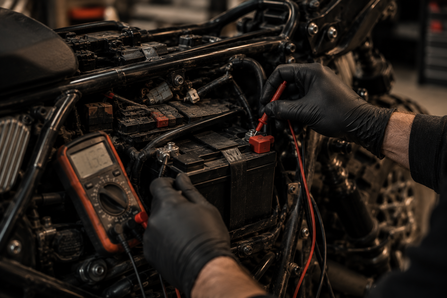 Motorcycle battery testing during a spring startup service in the Hudson Valley.