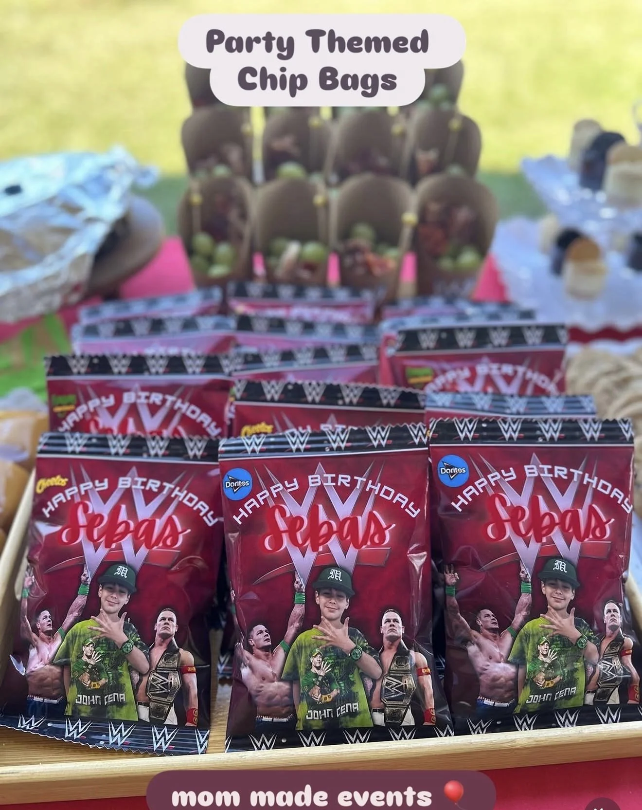 Party favor bags decorated with WWE theme, featuring a young wrestler holding a championship belt, with WWE logos and birthday greeting text.