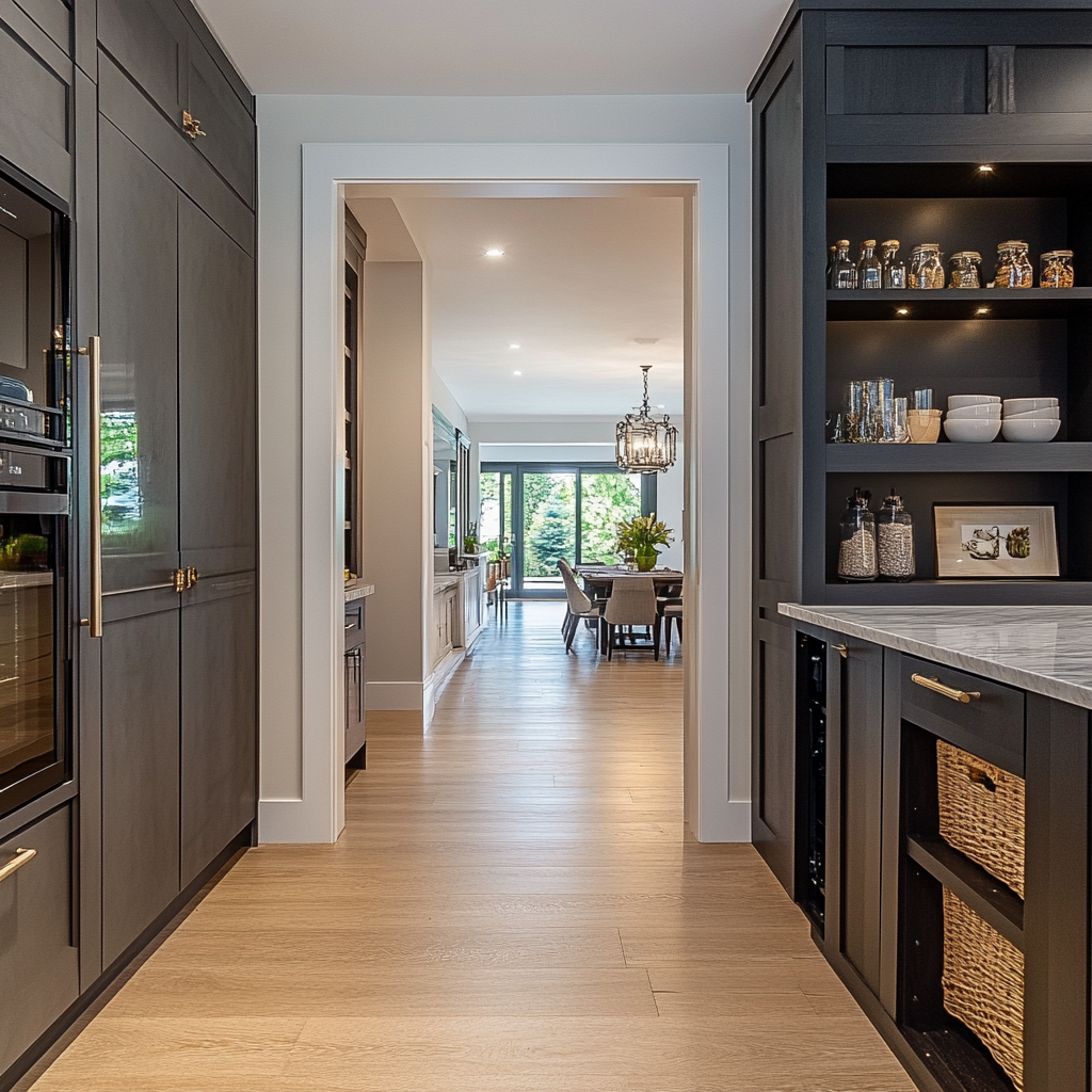 View from a kitchen corridor looking into a dining area with large windows and a chandelier, with dark cabinetry on both sides and a light wood floor.