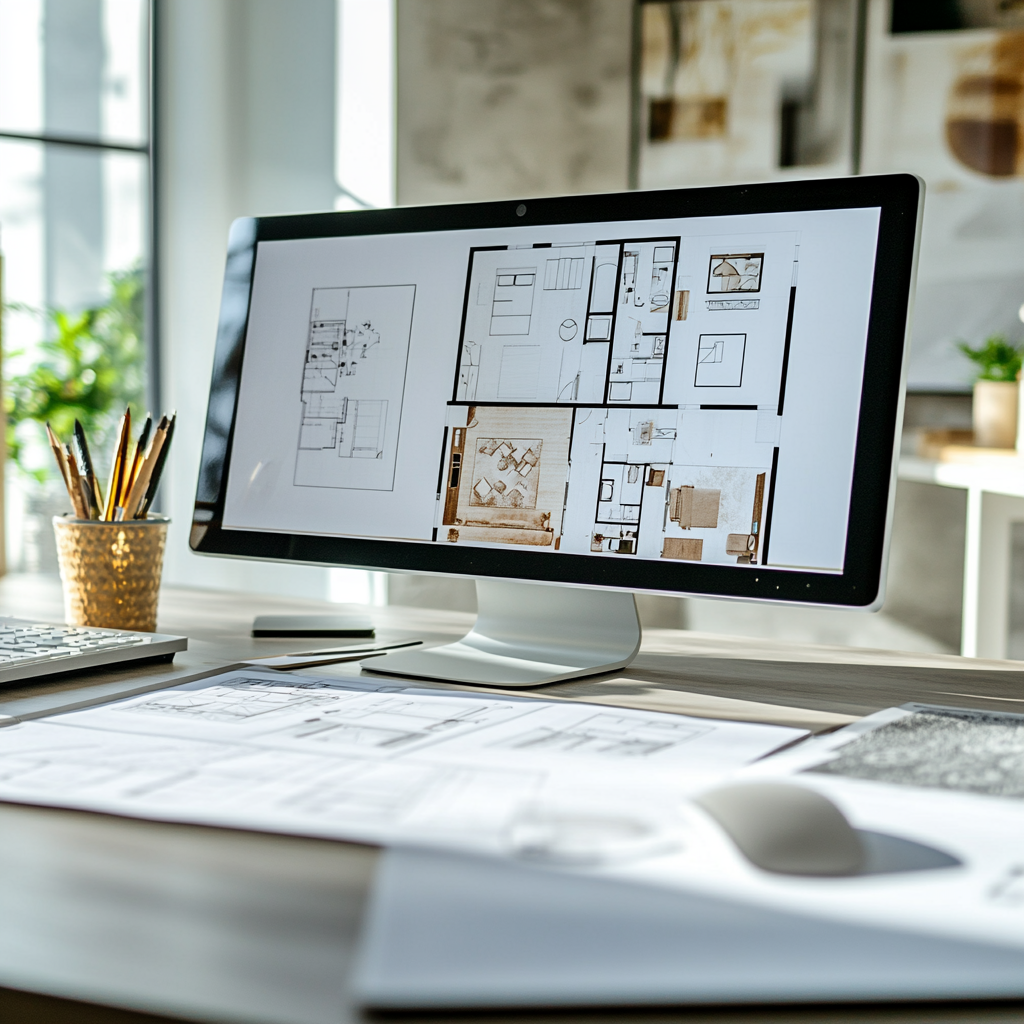 A computer monitor displaying an architectural floor plan in a well-lit modern office, with papers, a keyboard, a mouse, and a cup of pencils on the desk.