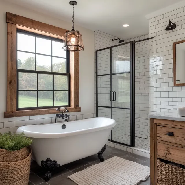 Modern rustic bathroom with a free-standing clawfoot bathtub, large window, glass-enclosed shower, wooden accents, and white subway tile walls.