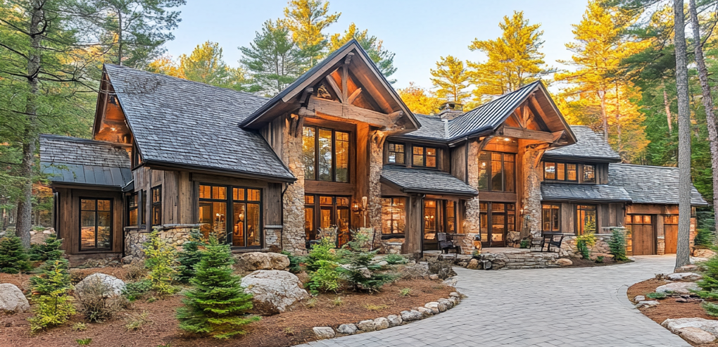 A large, rustic wooden house with multiple gabled roofs, surrounded by trees and a landscaped yard with small shrubs and rocks, at sunset.